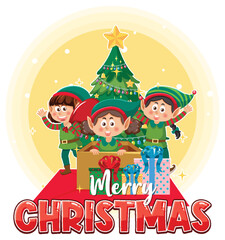 Merry Christmas text with elves cartoon