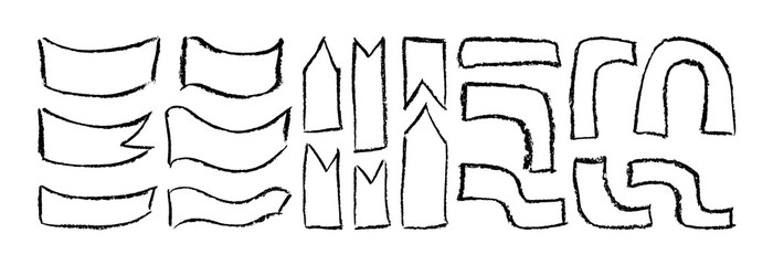Charcoal grunge strokes and curves set. Coal pencil sketches. Grunge frames, shapes, ribbons and curves collection. Charcoal pencil hatches and scribbles.