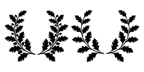 Oak wreath with acorns. Silhouette of oak leaves and branches