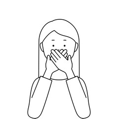 両手で口をふさいでいる女性のイラスト・言わざる（白背景・ベクター・線画・切り抜き）