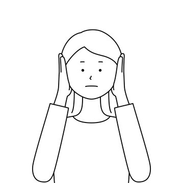 recommend clip art: 両手で耳をふさいでいる女性のイラスト・聞かざる（白背景・ベクター・線画・切り抜き）