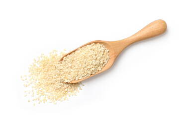Flat lay of white sesame  in wooden scoop isolate on white background.