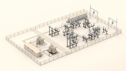 Electrical substation in isometric schematic view. Power distribution. 3d illustration