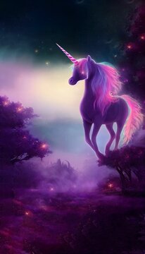 AI generated digital futuristic art illustration of a purple magical unicorn in a fantasy world