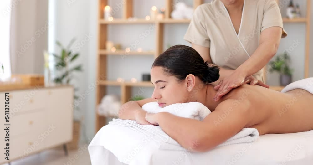 Sticker Massage, luxury spa therapy and woman at wellness center for stress, pain relief and to relax body. Calm, peace person and organic zen physiotherapy healthcare treatment at expensive lifestyle resort