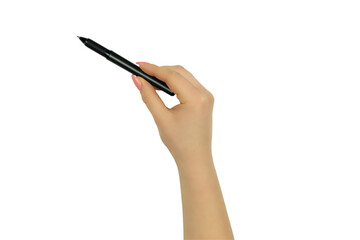 female hand with a black handle as a pointer, isolate
