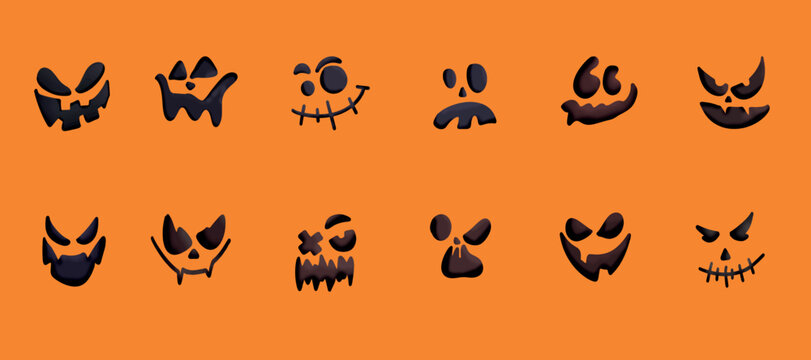 Halloween face silhouette sticker. Scary halloween pumpkins, icon set. Scary and funny pumpkin or Halloween ghost faces. Vector illustration.