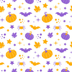 Halloween seamless pattern. Vector illustration of Holiday ornament with pumpkin, bat, spider. Packaging paper and textile design.