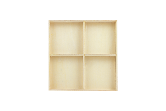 wooden box with four square sections, a shelf for things, isolate, transparent background