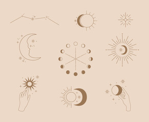 Set of mystical magic logo with elegant hands, moon, sun and stars.
