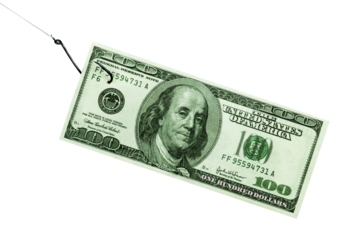 banknote on a hook, concept: catch money, money on a hook as bait, put money on a fishing hook, isolate