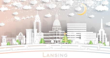 Lansing Michigan City Skyline in Paper Cut Style with Snowflakes, Moon and Neon Garland.