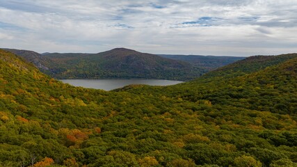 Aerial view over Storm King Mountain in upstate New York on a sunny day