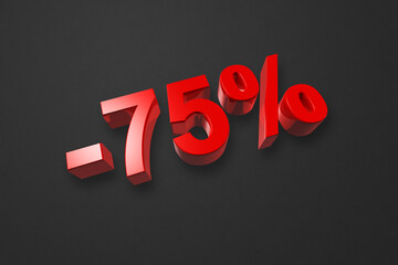 75% off discount offer. 3D illustration isolated on black. Promotional price rate