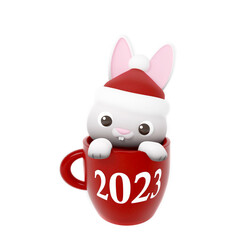 3d illustration cute white happy new year rabbit with red hat and cup 2023 decorations. Animal cartoon characters isolated on white background wearing red christmas hat. 3D render