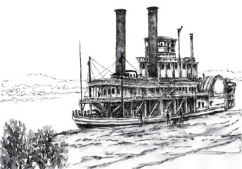 Ancient river paddle steamer on riverside. Ink on paper. - obrazy, fototapety, plakaty