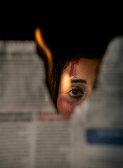 Vertical shot of a female eye with a bloody forehead seen through ripped burning newspaper