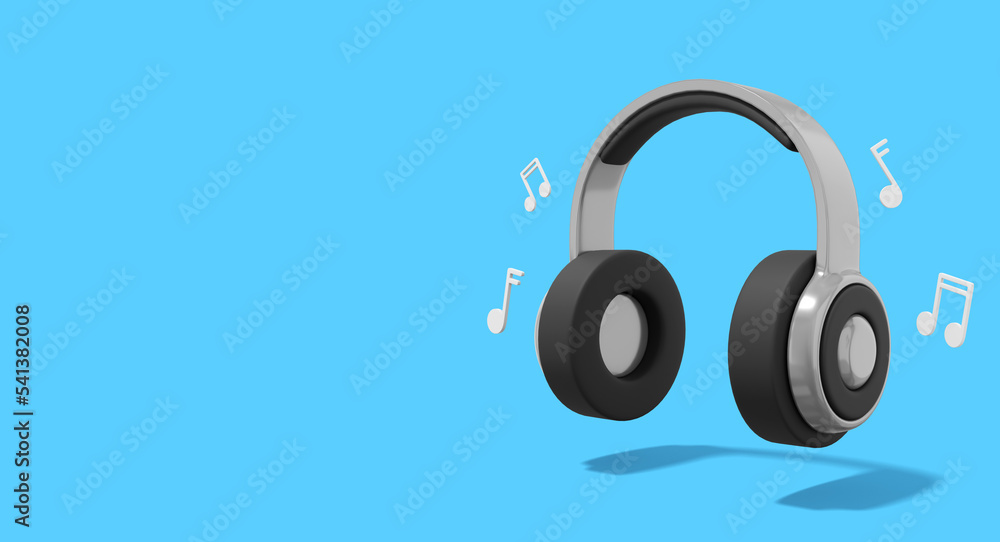 Poster realistic gray headphones with music notes on blue background with space for text. 3d rendering.