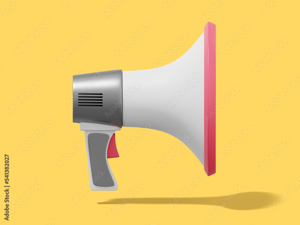 Poster 3d rendering. realistic megaphone on a yellow background. side view.