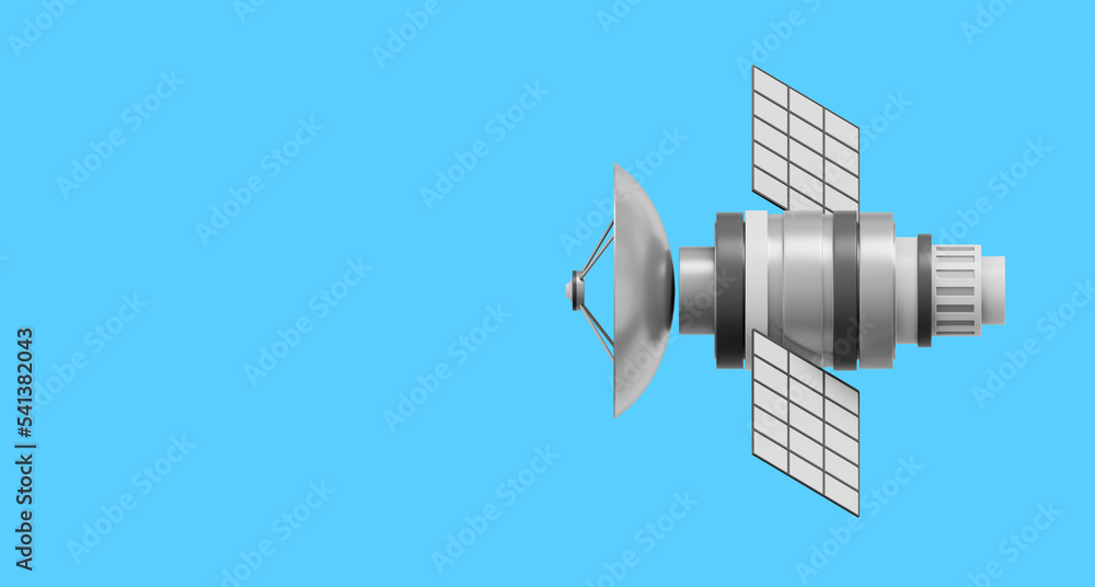 Poster space satellite with an antenna. orbital communication station intelligence, research. 3d rendering.