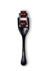 Close-up shot of a black double mesoroller. The dermaroller for medical micro needling therapy is isolated on a white background. Top view.