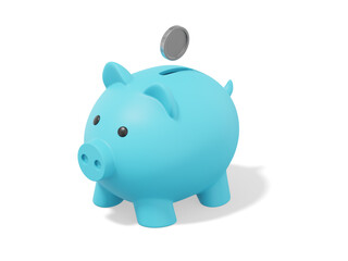 Accumulation of savings icon. 3D rendering. Blue piggy bank with falling coins on white background.