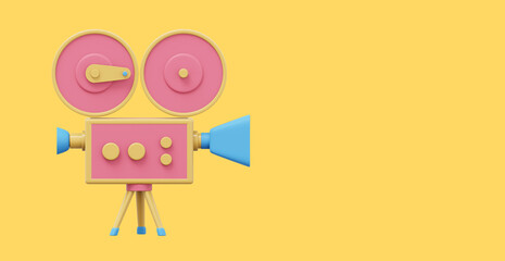 Fototapeta premium Vintage red cartoon style movie camera. Funny retro video camera. 3D rendering. Icon on yellow background, text space.