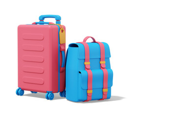 3d rendering. Multicolored suitcase and tourist backpack on white background with space for text.