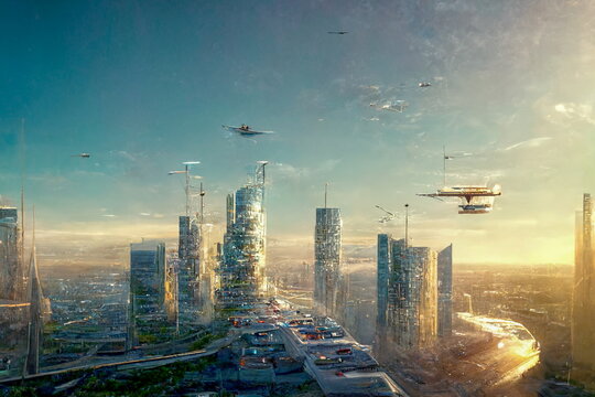 Futuristic City In The Future With Flying Cars And Glass Buildings. Digital Art And Concept Digital Illustration.