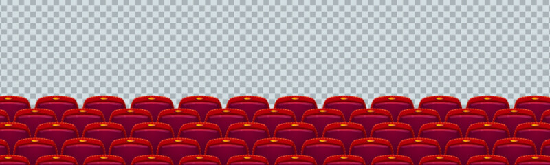 Obraz premium Cinema seat rows, movie theater chairs isolated on transparent background. Red comfortable armchairs in conference hall, opera or auditorium, premier showtime seating, Cartoon vector illustration