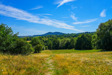 Landscape at the Dönche nature reserve near Kassel. Nature with hills and meadows.
