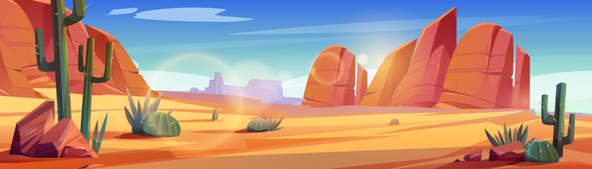 Desert of Africa or Wild West Arizona natural landscape. Cartoon panoramic background, game location with yellow sand, cacti, rocks under blue sky with clouds, vector illustration