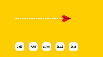 Plan, Actions,Goals from 2022 to 2023,
flying red airplane. Business creativity new idea discovery innovation technology. New year idea concept.