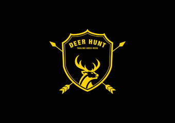 Deer Hunter Logo Type. Deer And Shield Logo Design Template. Deer Head Logo Icon