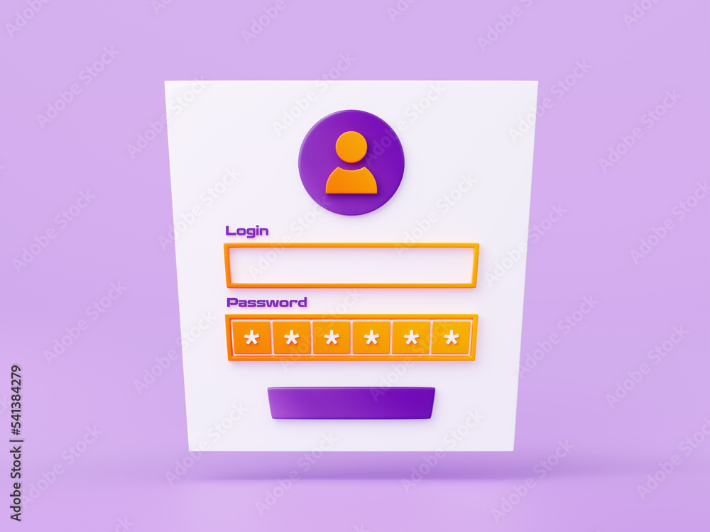 Poster website account access or registration form with login and password on purple background. concept of