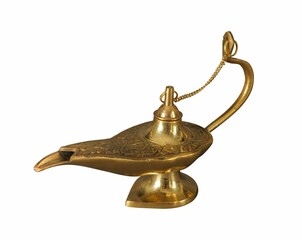 Copper genie lamp with artistic chasing and engraving on a white background in Central Asia