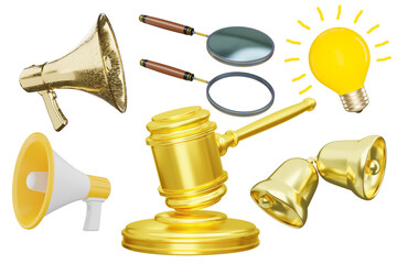 3d illustration of judge hammer, megaphone, magnifying glass, golden bell, and light bulb