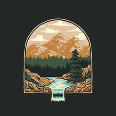 Mountains with river t-shirt graphic design, hand drawn line with digital color, vector illustration