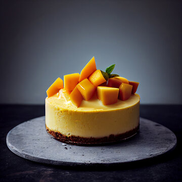 Mango Cheesecake with Different Layers, Nicely decorated with fresh mango dices
