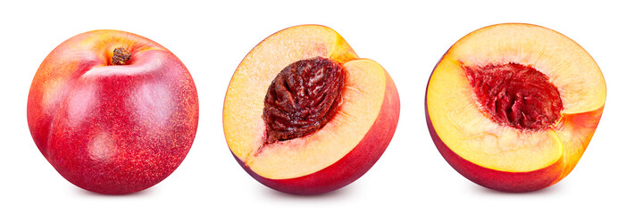 Peach fruit isolated on white background. Three peach with clipping path. Peach macro studio photo