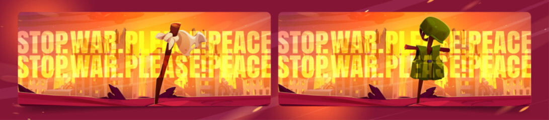 Set of stop war cartoon banners. Vector illustration of destroyed city buildings on fire and soldier grave with body armor on cross, white flag on pole. Collection posters calling for peace in world