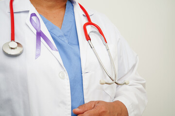 Asian woman doctor with purple ribbon, World Pancreatic Cancer day or World Alzheimer day.