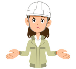 両手を広げるヘルメットを被った作業着の女性
