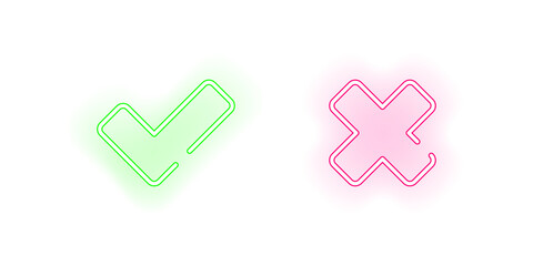Checkmark and cross neon style vector illustration. Yes and no check icon glowing neon light. Approve and reject on dark background.