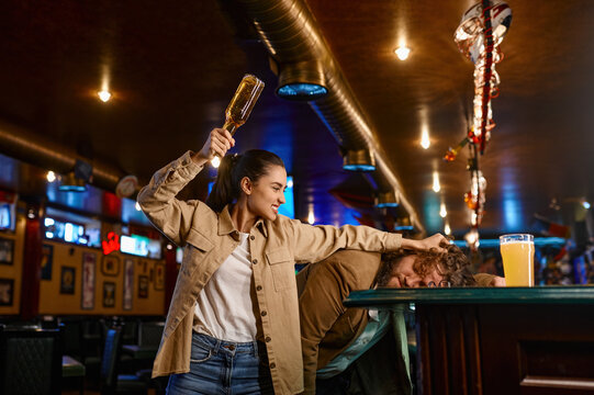 Unhappy And Angry Fans Fighting At Sport Bar