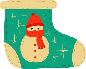 Cute Christmas sock for gifts. Boots with a snowman and snow. On New Year's Eve, it is customary to give gifts to children, relatives, and families. Modern, simple, flat style. Isolated.