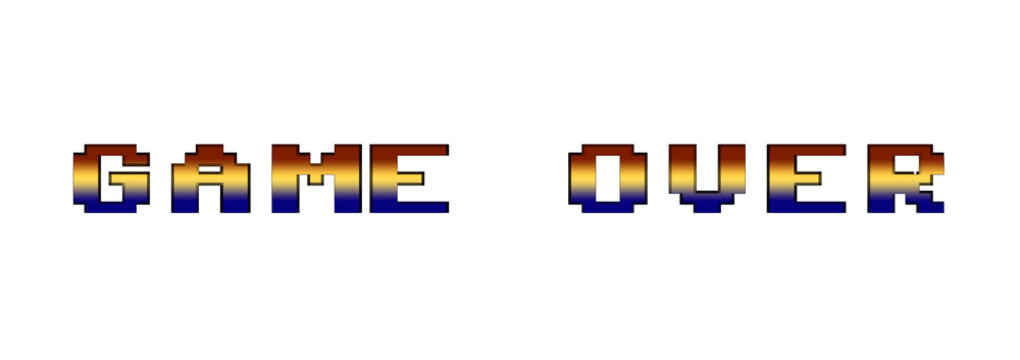 Isolated game over screen in an 8-bit retro style, warm gradient inside the text.
