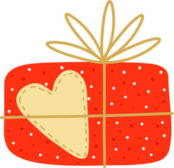 Cute red box with ribbon, bow.Heart silhouette. It is a tradition to give gifts for New Year and Christmas. Design for stickers, cards, templates, banners, social media posts. Isolated, vector.