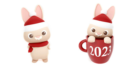 3d illustration two cute happy new year rabbits. Animal cartoon characters isolated on white background wearing red christmas hat with elk antler and scarf and red cup. 3D render