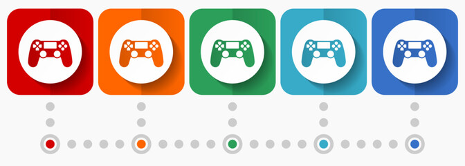 Wireless gaming controller, gamepad vector icons, infographic template, set of flat design symbols in 5 color options © Alex White